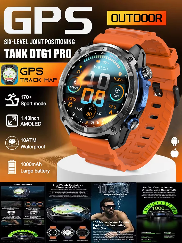 Nowy Zewnętrzny Precyzyjny Smartwatch GPS GNSS z Mapami dla Mężczyzn, Wodoodporny 10TM, Bateria 1000mAh, Ponad 170 Trybów Sportowych, Połączenia Bluetooth, Smartwatch AMOlED — 2