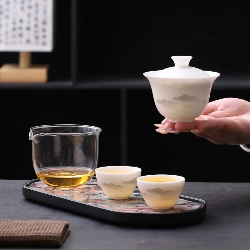 Tradition Travel Teaset Mutton Fat Jade Ink Distant Mountains Portable High-end White Porcelain One-person Drinking Cup Outdoor