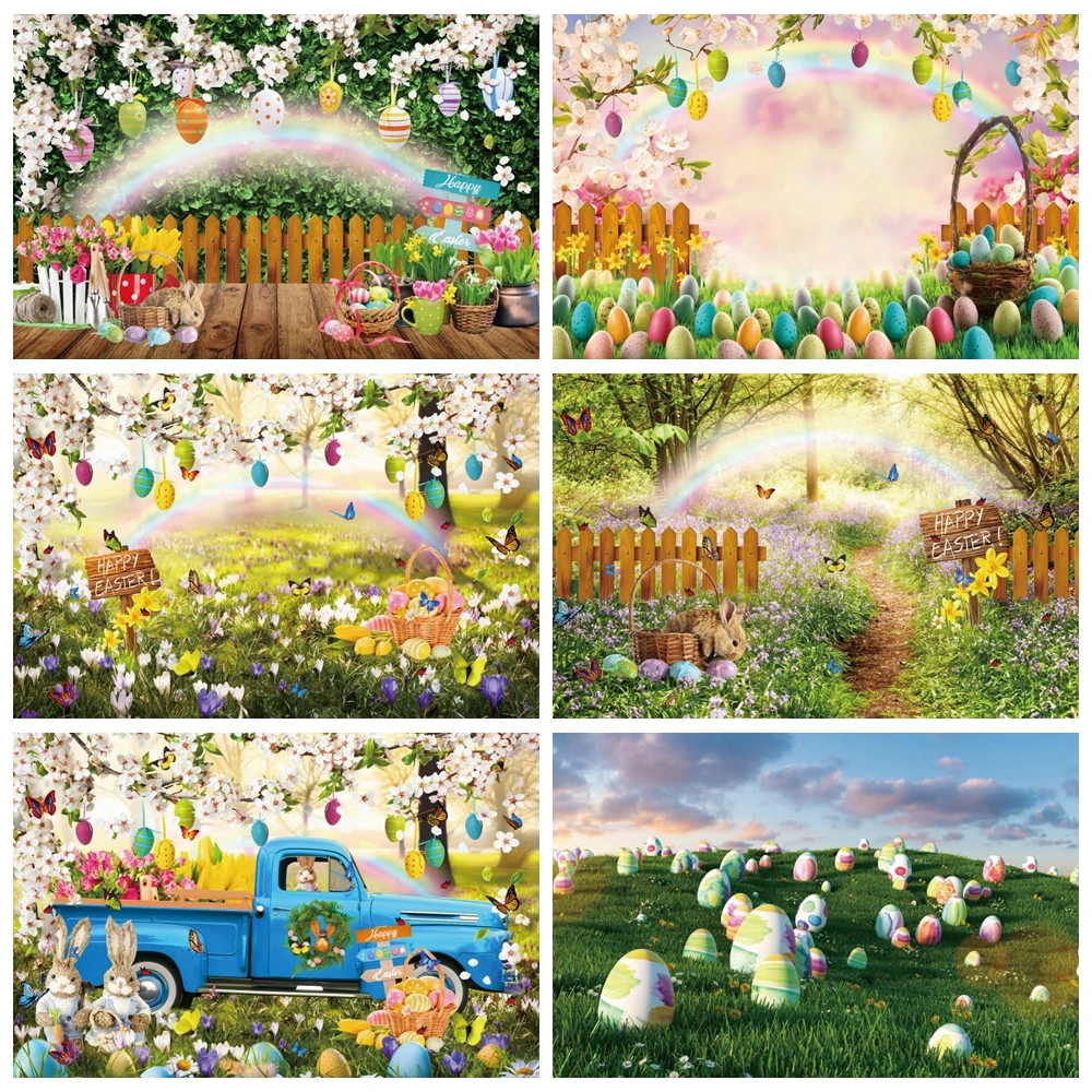 Spring Easter Photography Backdrop Colorful Eggs Bunny Flowers Fairy Tale Forest Wooden Floor Child Birthday Portrait Background