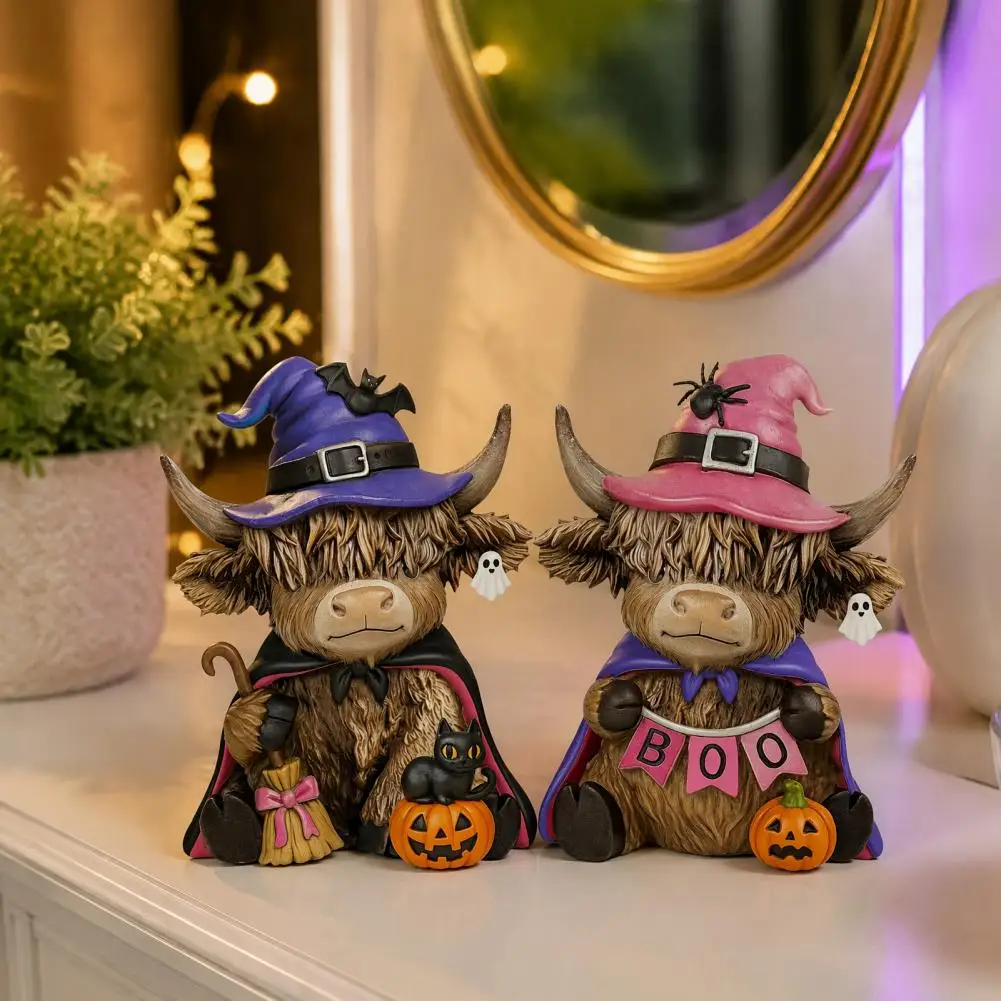 Halloween Table Decorations 2 Pcs Highland Cow Figurines with Witch Hats Halloween Pumpkin Ghost Statues Wooden for Tabletop
