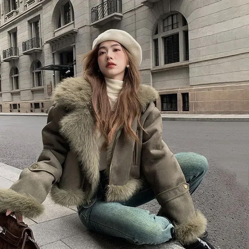 Blouson d\'Hiver en Faux Cuir de Daim pour Femme, Streetwear à Revers Court, Vêtement de Motard, 2024