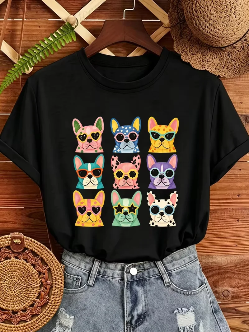 Cute Dog Graphic T Shirt Men Women Black French Bulldog Sunglasses Print Tee Short Sleeve Novelty Casual Street Style Tops