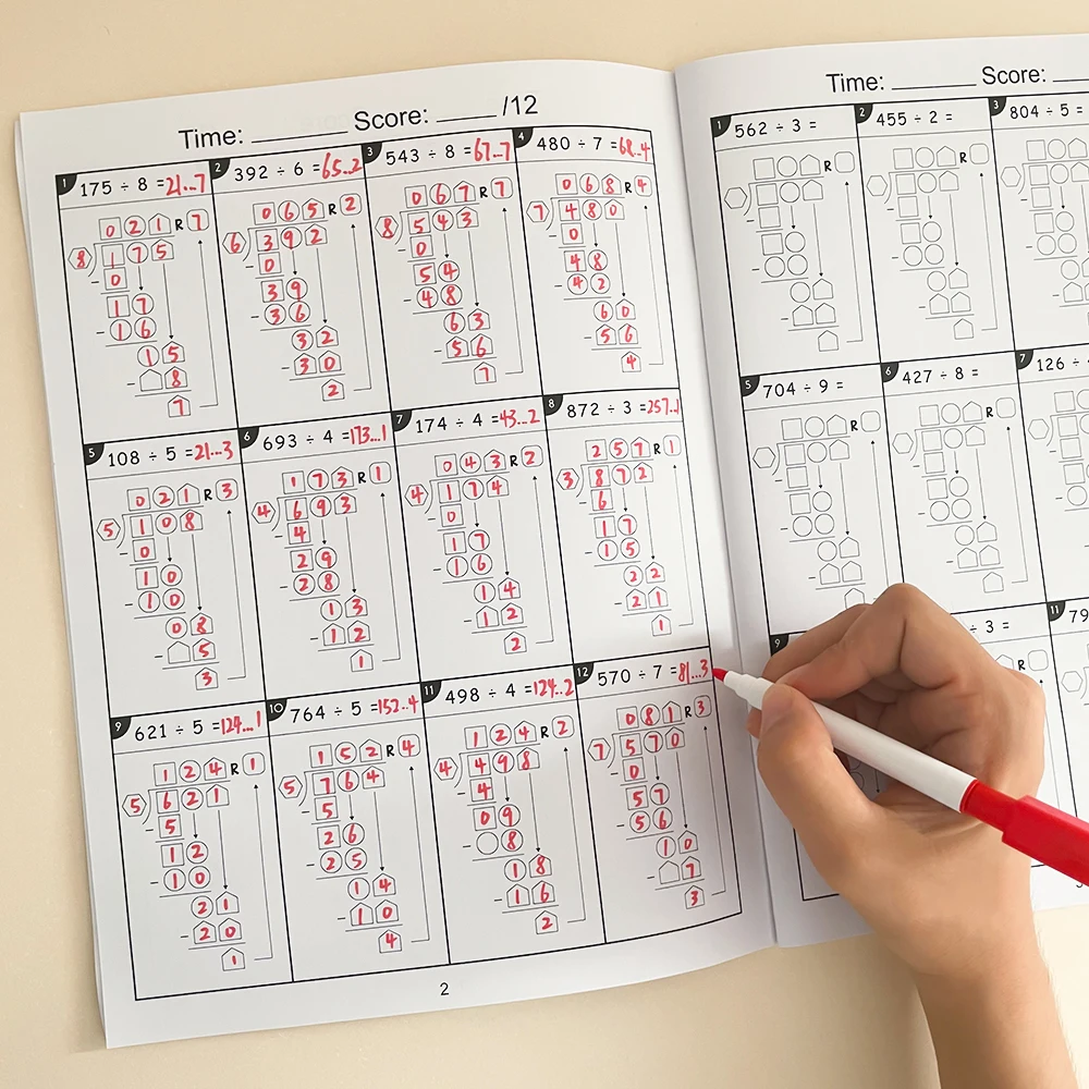 Conjunto de cadernos de treinamento de multiplicação e divisão longa de 2 dígitos, folha de trabalho de teste de prática de matemática graus 3-6 aritmética da escola primária