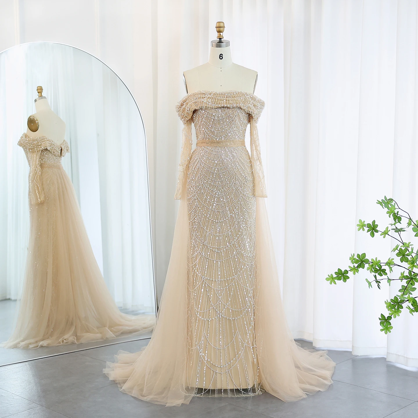 

Sharon Said Luxury Off Shoulder Plus Size Mermaid Evening Dress with Detachable Overskirt Wedding Party Dress SS687 Customized