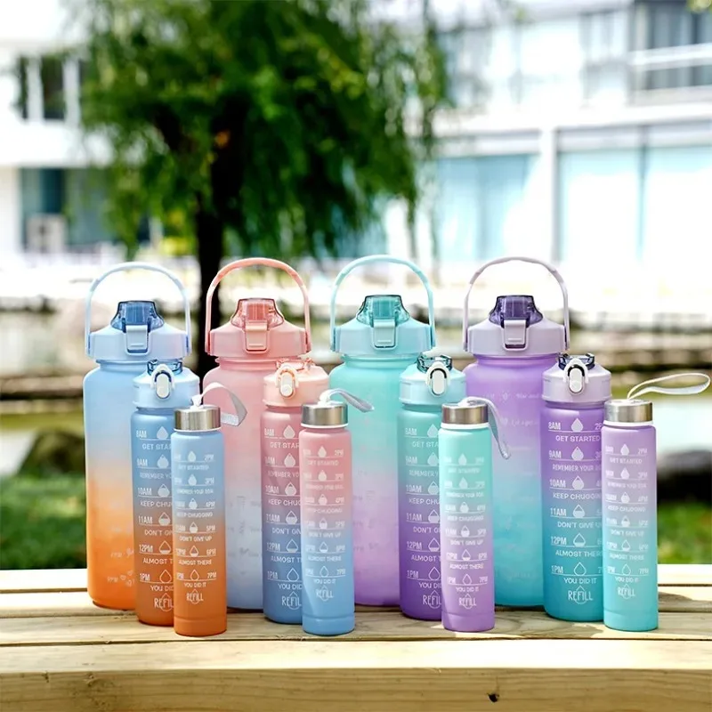 3pcs Leakproof Water Bottles with Times To Drink and Straw Motivational Drinking Sports Water Bottle for Gym Outdoor