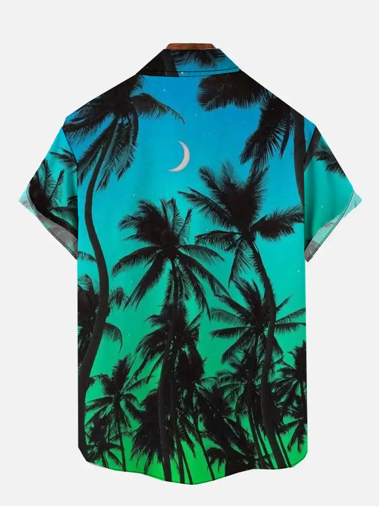 Men's Hawaiian coconut tree print shirts Summer aurora pattern short sleeved shirt Men's beach button shirt Trend lapel shirts