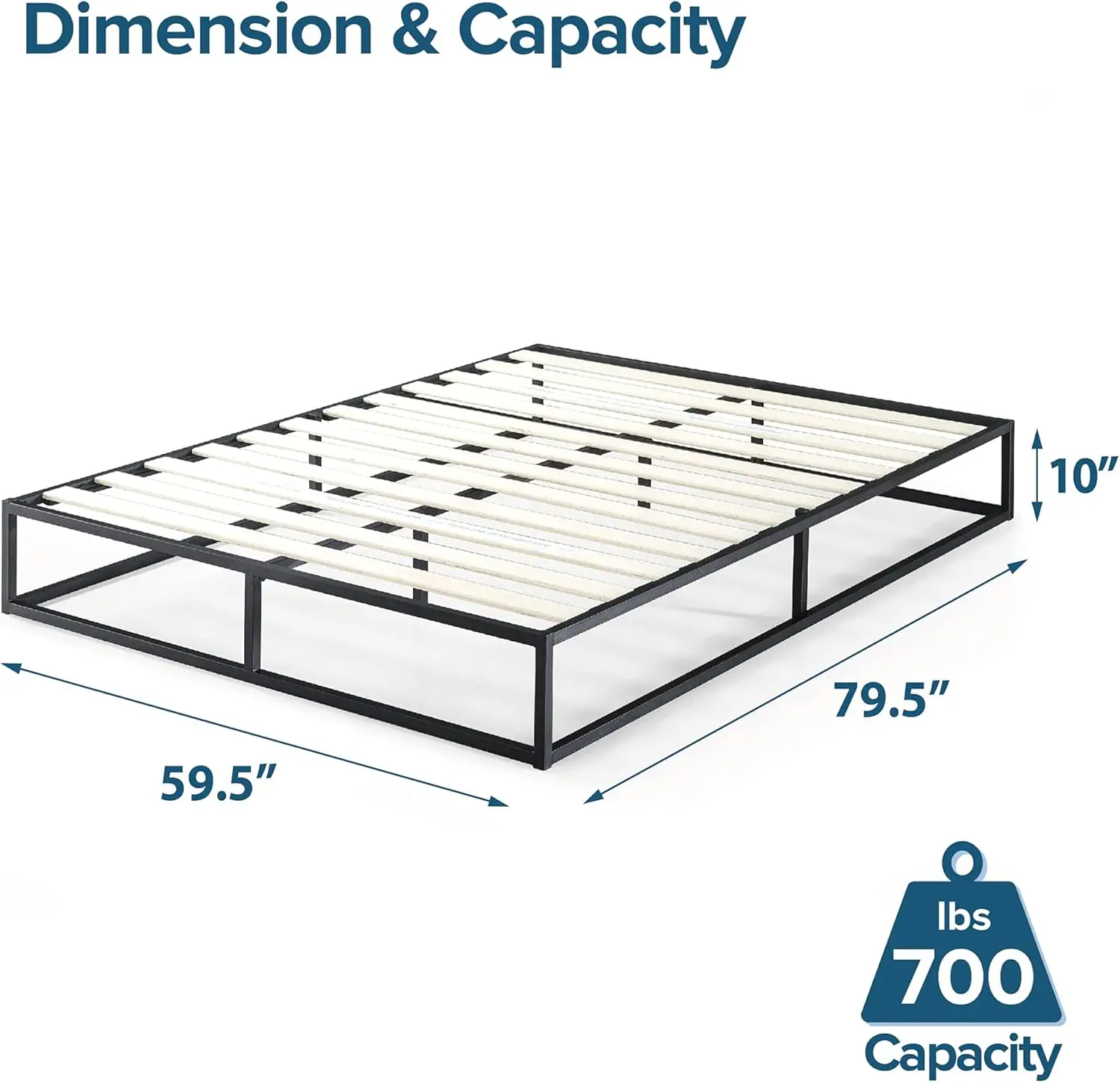 Estrutura de cama Joseph Metal Platforma, base de colchão, suporte de ripas de madeira, sem necessidade de molas, estrutura de aço resistente, Queen