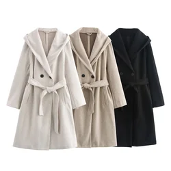 TRAF autumn new women's clothing fashionable temperament with belt and hood soft casual windbreaker woolen coat