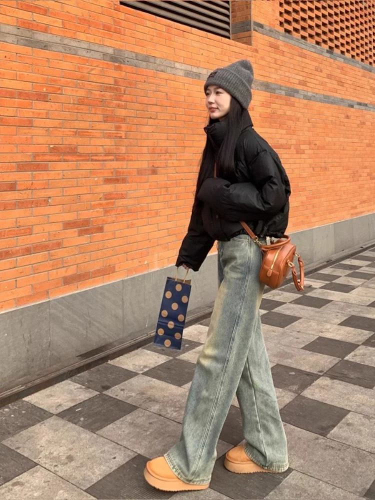 الرجعية عالية الخصر واسعة الساق الجينز المرأة فضفاضة تناسب مستقيم قطع السراويل الخريف التخسيس ثنى السراويل الطويلة عادية الدينيم Skinnies