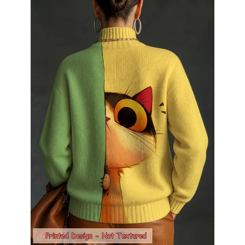Women's Abstract Eye Colorblock Turtleneck Sweater Long Sleeve Knit Pullover Loose Soft Warm Autumn Winter Casual Fashion Top