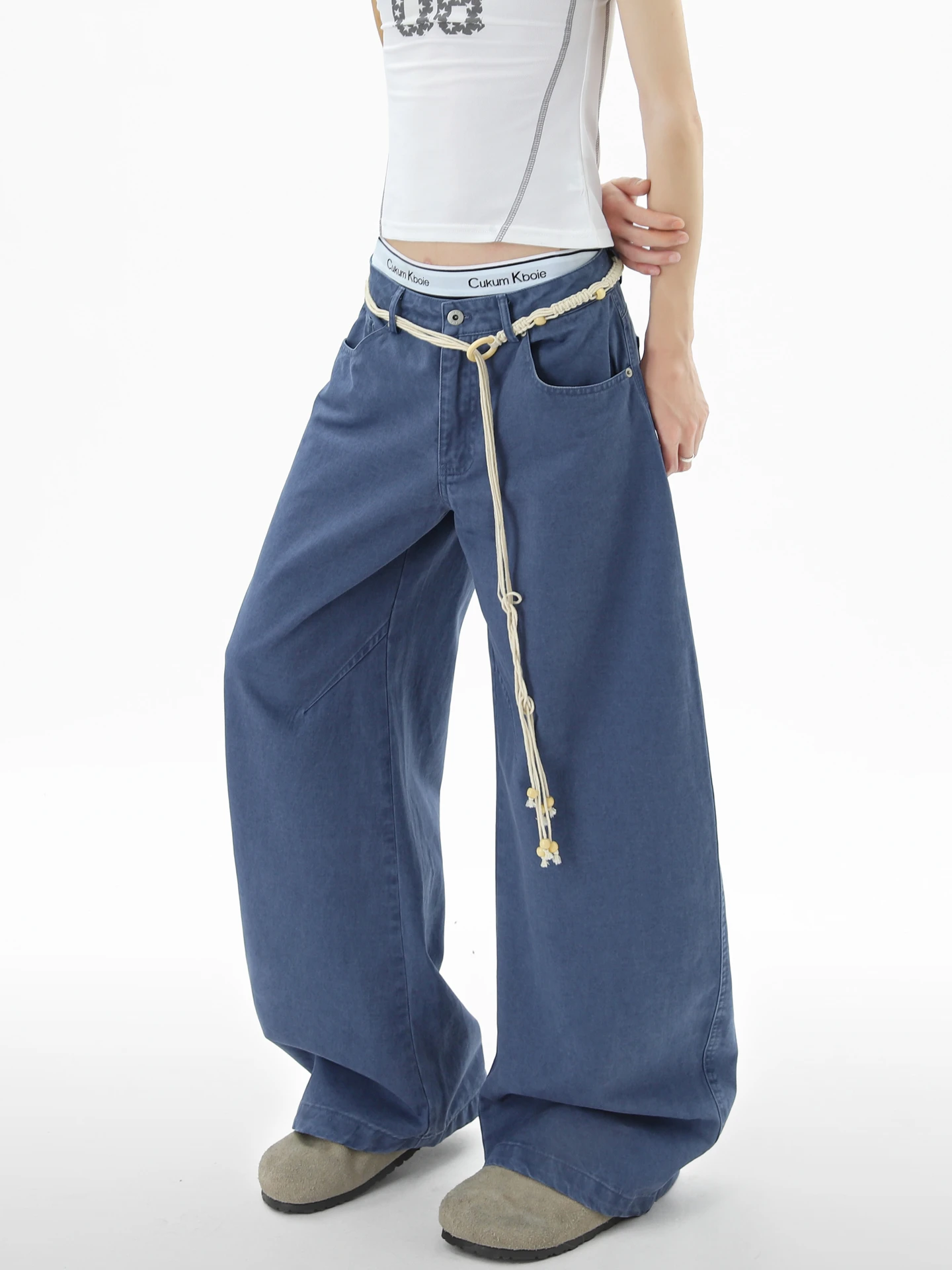 

Women's Fashionable Blue Casual Jeans Street Style Solid Color Bottoms Autumn Female Wide Leg High Waist Denim Pants