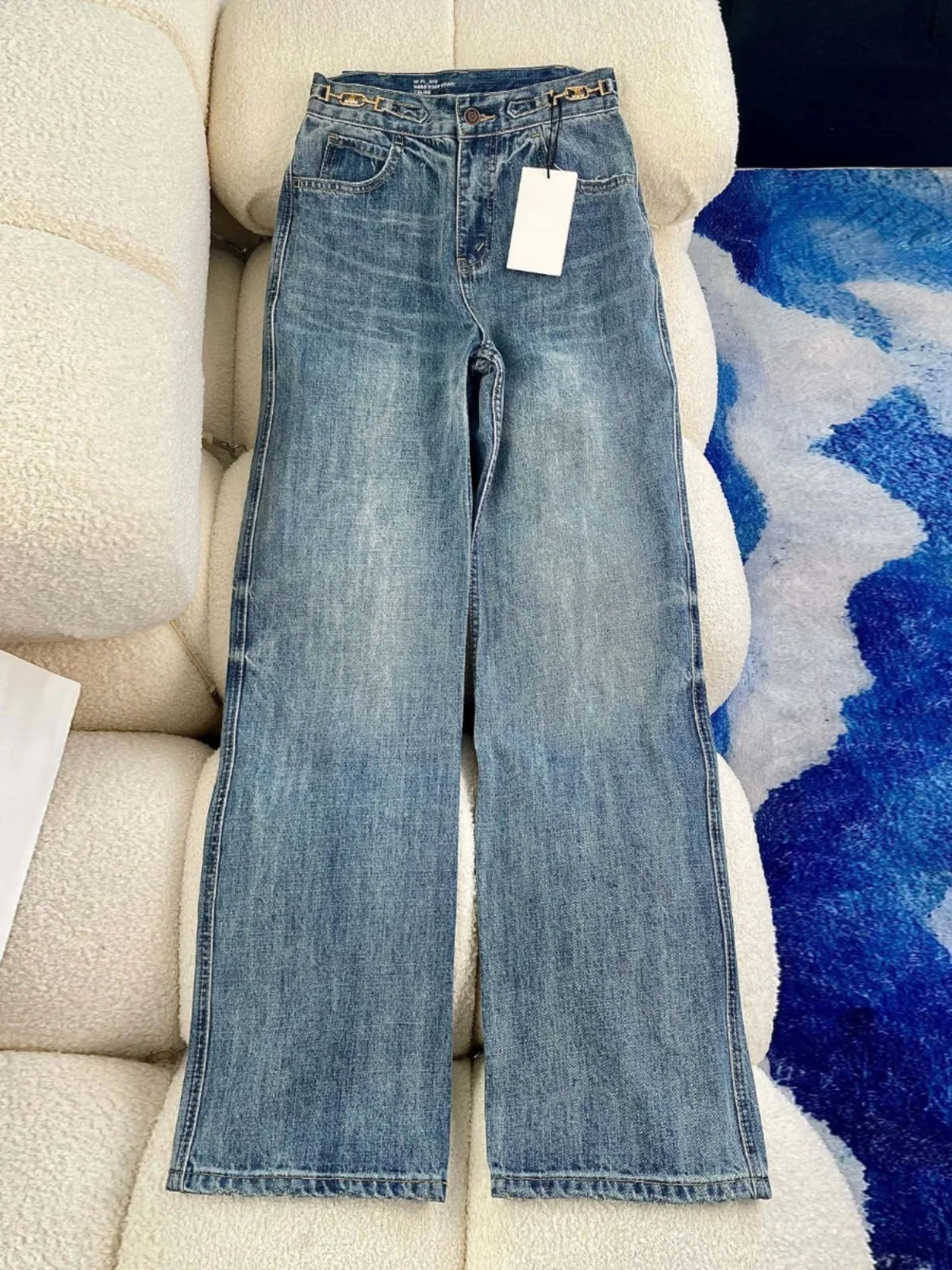 

2025 New High-Waist Vintage Washed Arc de Triomphe Metal Chain Loose Straight-Leg Slimming and Versatile Jeans