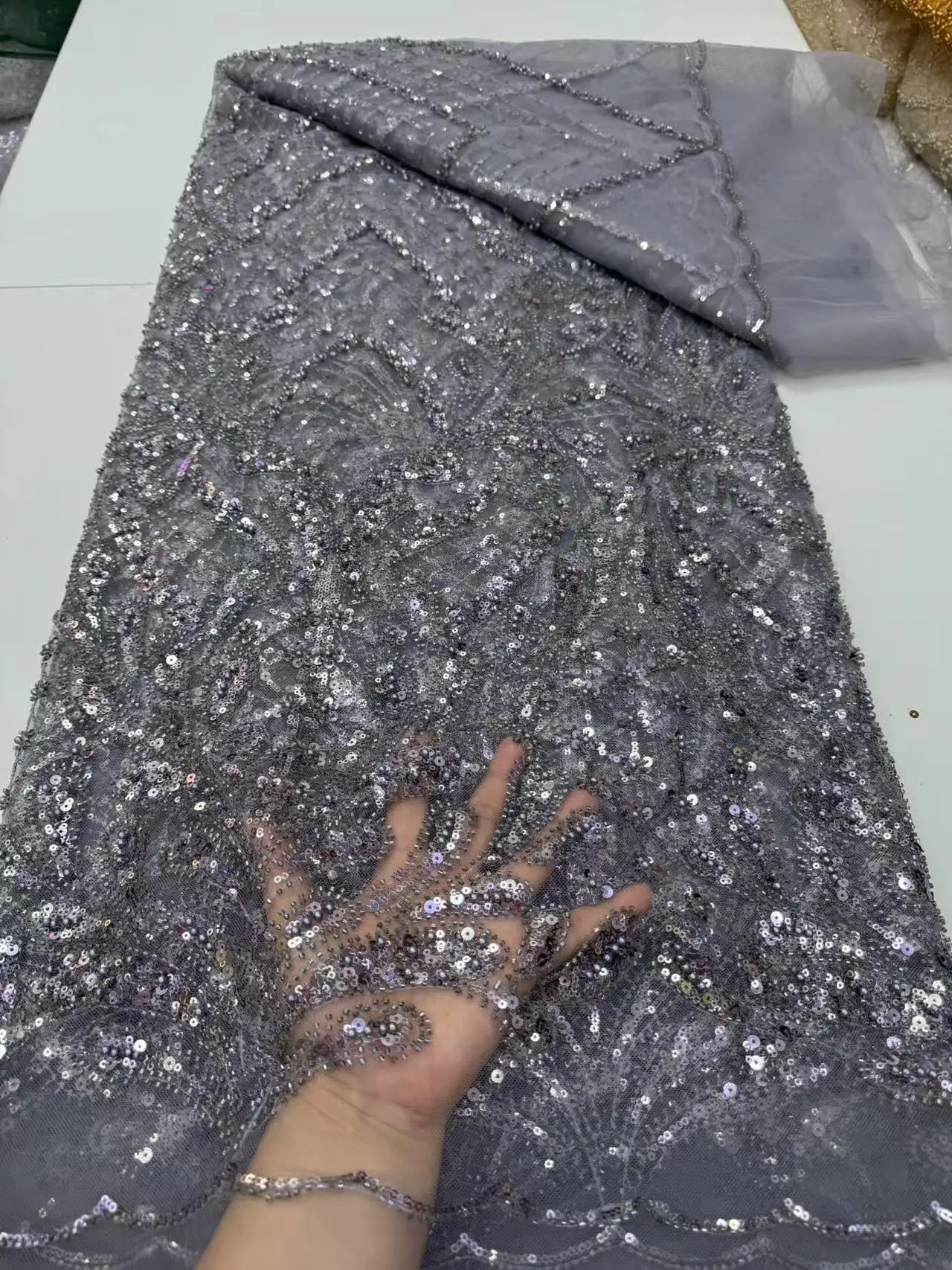 

2025High Quality African Nigerian Latest Tulle Lace Fabric With Embroidery Sewing Guipure Organza Prom Dresses Sequins5Yards