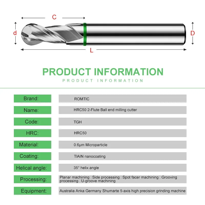 ROMTIC TGH-HRC50 fresa in alluminio carburo di acciaio al tungsteno 2F rivestimento ad anello colorato CNC utensili per frese a candela con estremità a sfera meccanica