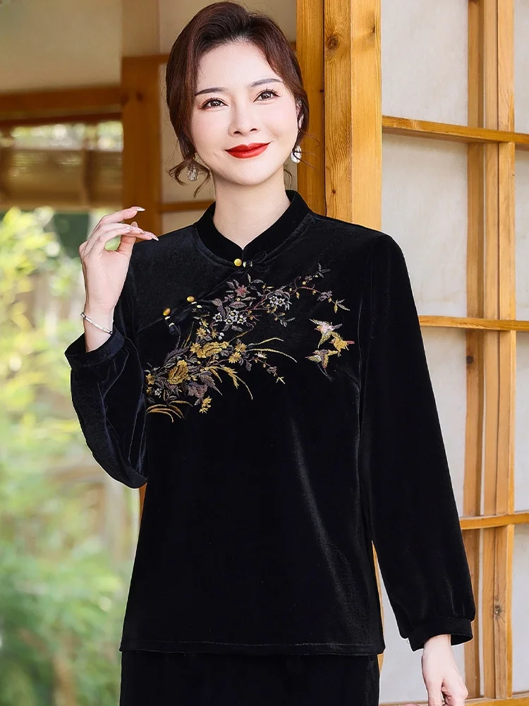 

New Mid-Late Autumn Faion Velvet Top for Mom Chinese Sle Long Sve Base Layer irt Gold Velvet Women's Clothing