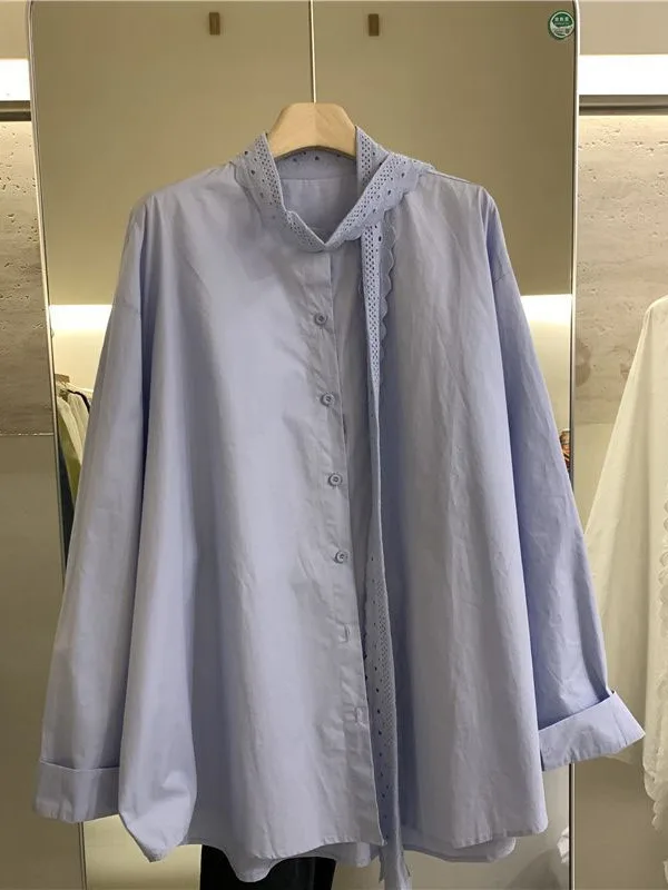 

Элегантная белая блузка с кружевной отделкой, женская, с объемной вышивкой, стройнящая, красивый топ в корейском стиле, для повседневной носки, с длинным рукавом, из полиэстера