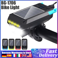 Solar USB Rechargeable Bike Headlight Front Light Waterproof Bicycle Flashlight Night Riding Light Lamp with Horn