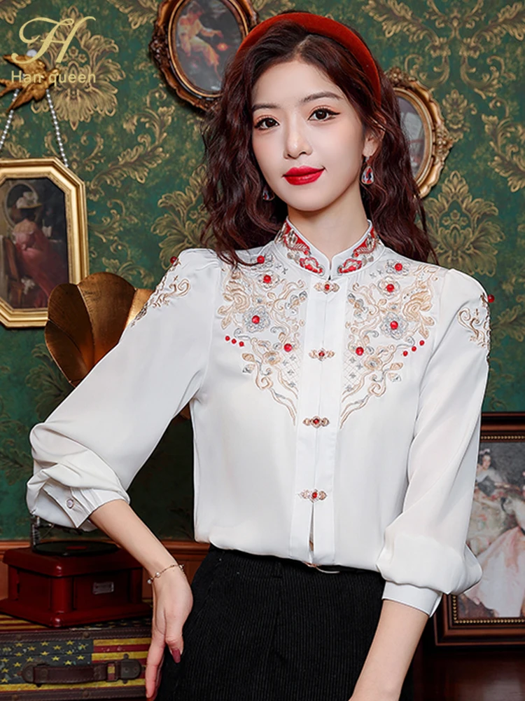 H Han Queen Spring Autumn Bead Embroidery Chiffon Simple Elegant Blouse Female Shirt Loose Tops Long Sleeve Casual Blouses Women