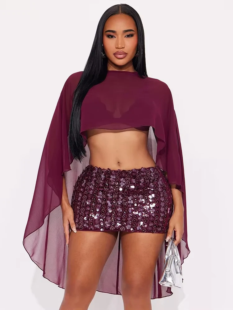 

Weird Puss Mesh See Through Shawl Top Woman Sexy Coquette Skew Collar Batwing Collar Irregular Navel Exposed Design Clubwear