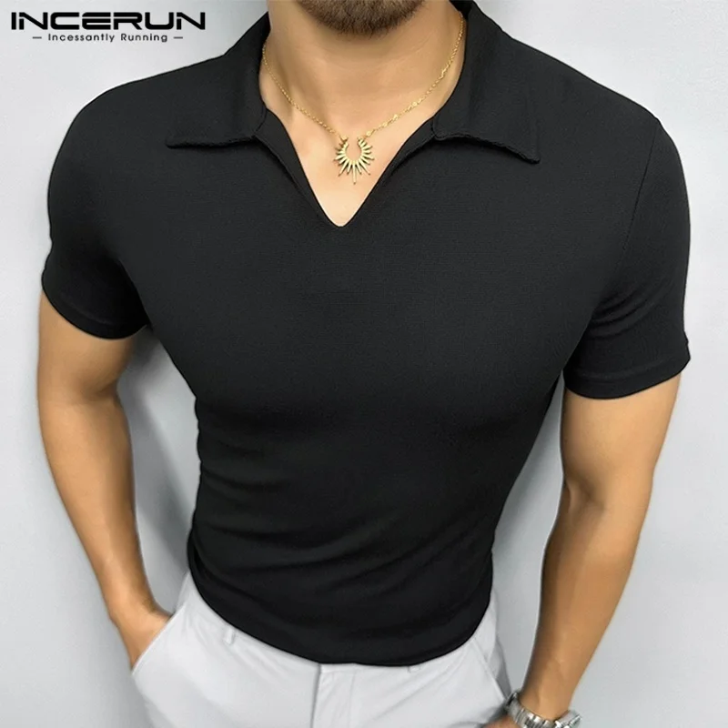 

INCERUN Мужская рубашка с лацканами и коротким рукавом, однотонная повседневная мужская одежда, уличная одежда, топы в корейском стиле, модные мужские рубашки для отдыха