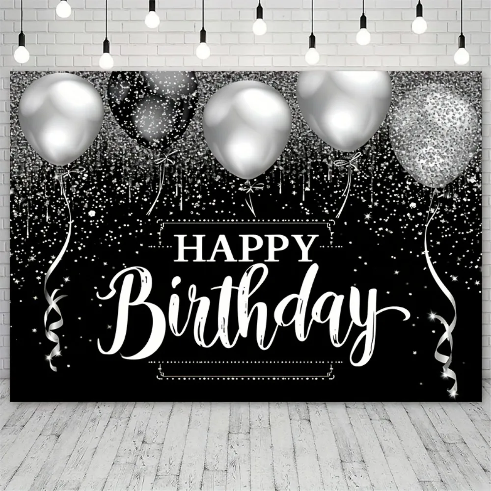 Happy Birthday Backdrop - Black and Silver Glitter Diamond Balloon Photography Background with Shinning Sparkle Effect