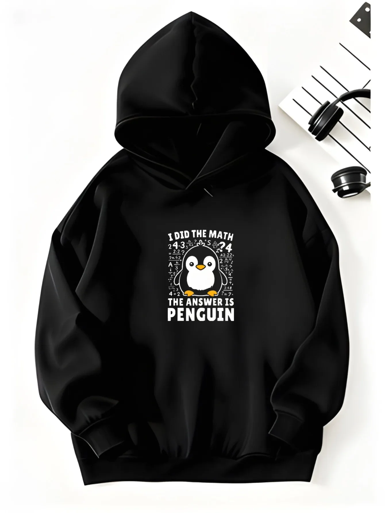Children's Fleece-lined Hooded Sweatshirt for Autumn/winter Featuring Cute Penguin, Math, and Letter Prints; a Casual Pullover.