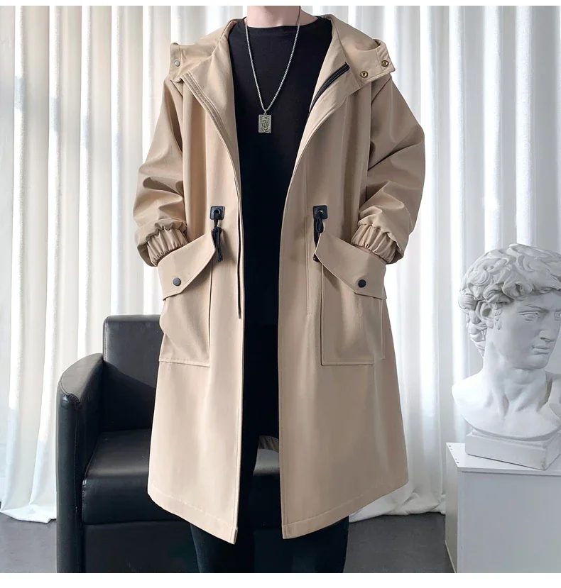 Trenchcoat Herren Neue Mode Armeegrüner Überzieher Männer Casual Windbreaker Einfarbiger Langer Mantel Herren Herbst Homme Schwarz/Khaki/Armeegrün – Detail 7