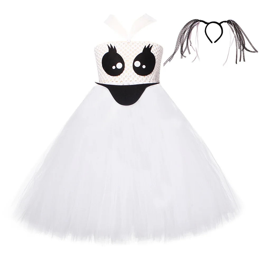 Kids Cartoon Cute Spooky White Ghost Funny Tutu Dress Children Halloween Party Carnival Birthday Pretend Fancy Dress Up Garment