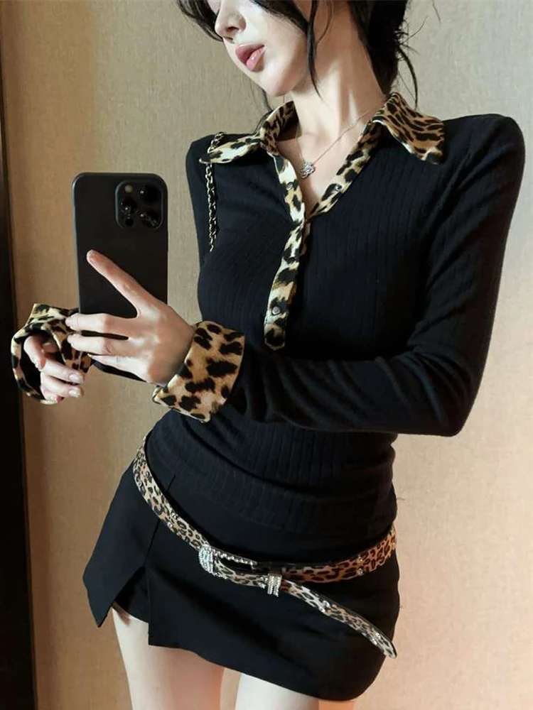 Zoki Y2K Leopard Patchwork T Shirts Frauen Sexy Tiefem V-ausschnitt Schlank Streetwear Tops Casual Vintage Amerikanischen Langarm Weibliche Tees