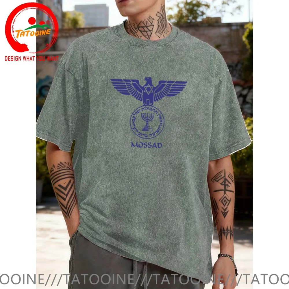Vintage Washed Cotton T-Shirt Mossad Eagle Israel Secret Service Intelligence ID  T Shirt for Men Fashion Trendy Casual Clothing
