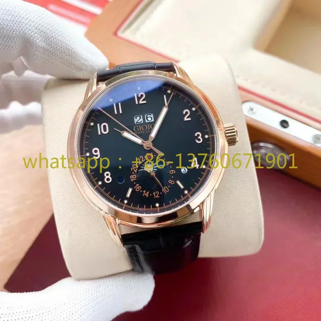 2023 New Mens Automatic Mechanical Watch Rose Gold Stainless Steel Black Leather White Dial MoonPhase Daydate