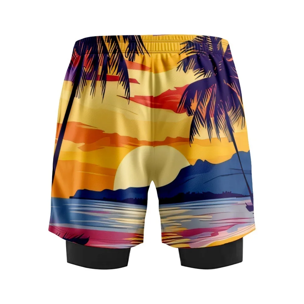 섬 코코넛 나무 일몰 프린트 비치 반바지 압축 라이너 수영복이있는 남성용 수영 트렁크 빠른 건조 가랑이 수영복