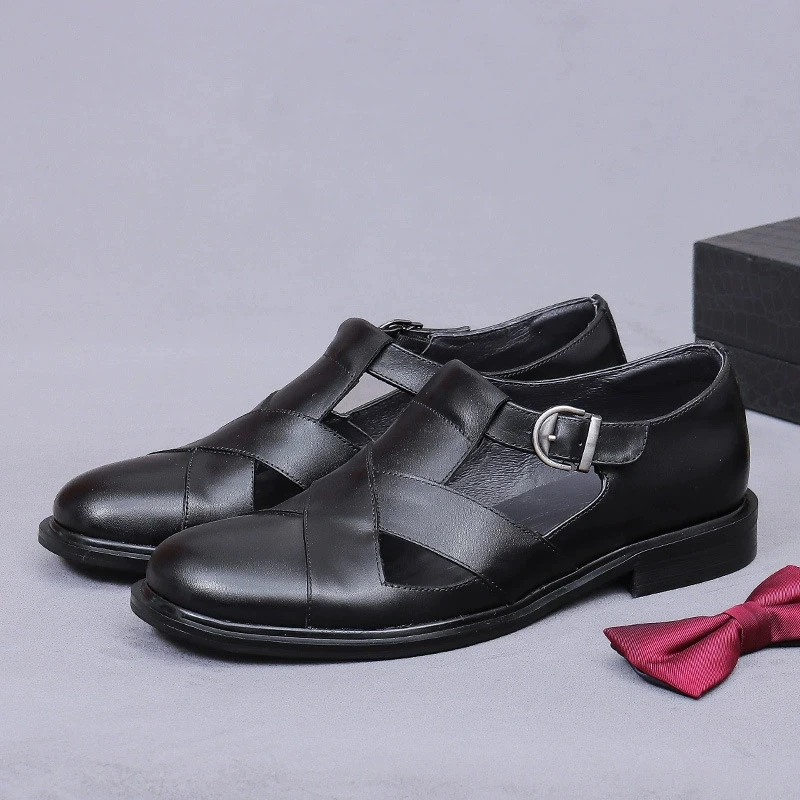 

Retro Mens Business Sandals Luxury Genuine Leather 2025 Summer Elegant Outdoor Hollow Wedding Social Shoes Man Size 46