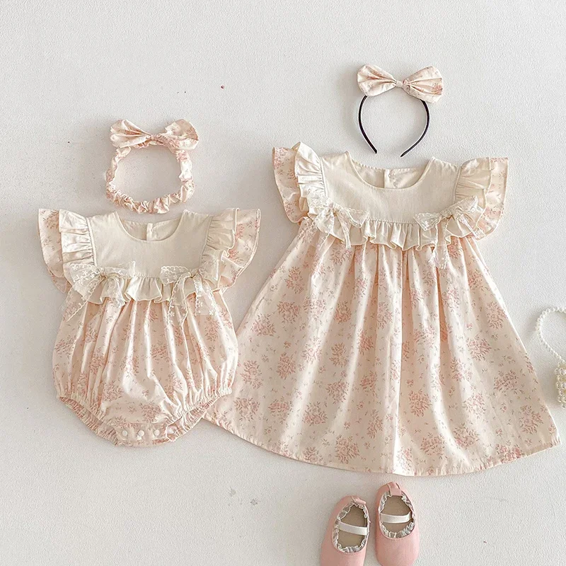 2026 New Summer Children Clothes 2-7Yrs Girl Party Dress Flying Sleeve Cotton Print Splice Kids Princess Dresses Baby Romper