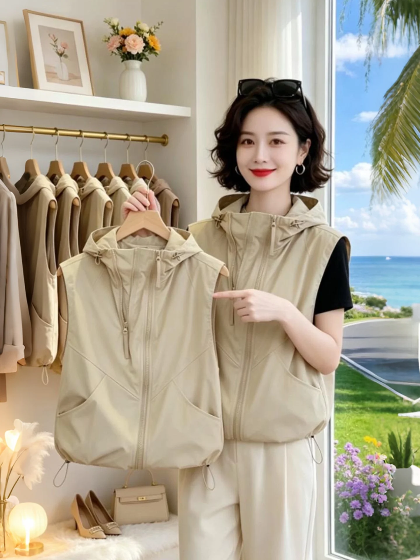 Unique Beautiful Layered  Jacket 2026 Summer New Women's Korean Style Lazy Loose Hoodie Sleeveless Outerwear
