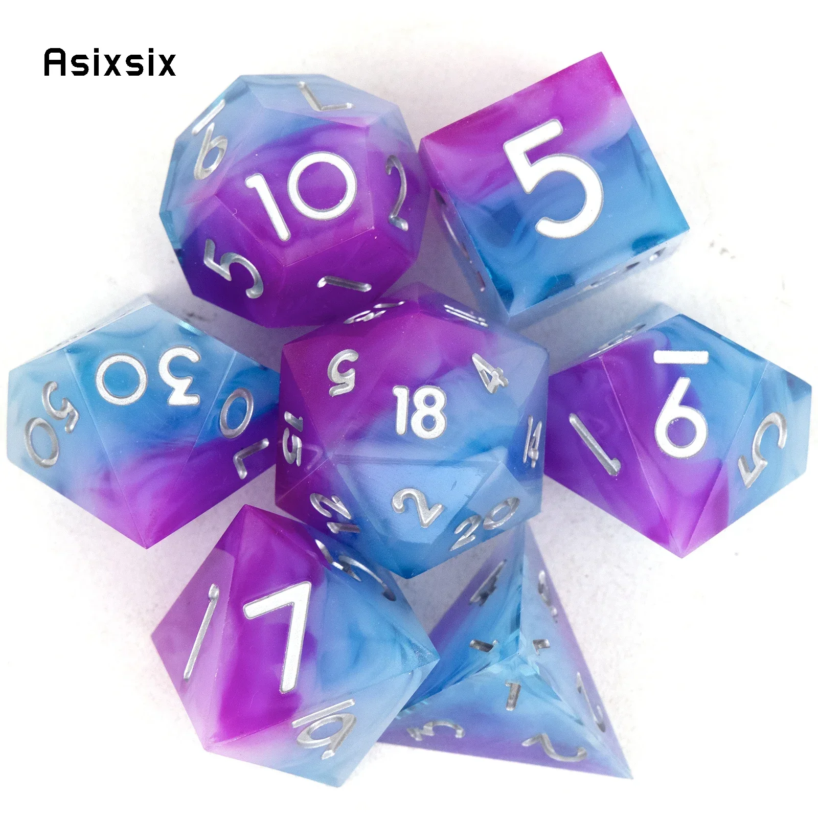 

7 Pcs Pink Blue White Number Sharp Edge Resin Dice Polyhedral Dice Suitable for Role-Playing RPG Board Game