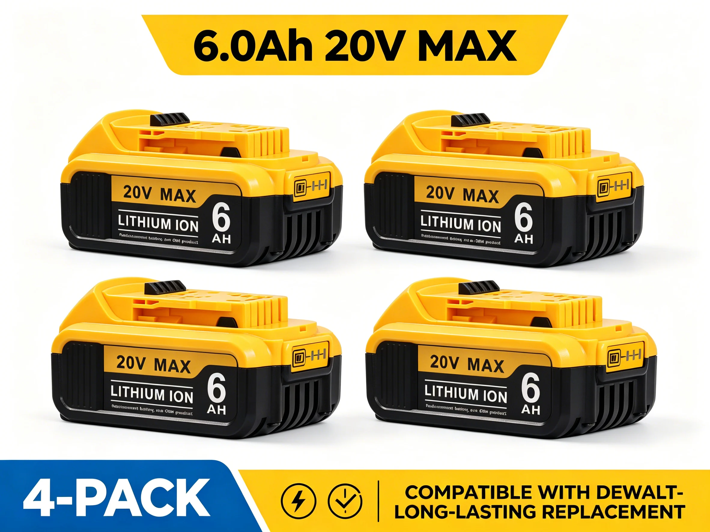 

20V 6.0Ah Lithium Battery 4-Pack for Dewalt 20V MAX Cordless Tools, Replacement DCB200 DCB204 DCB206, US Stock, Long Lasting