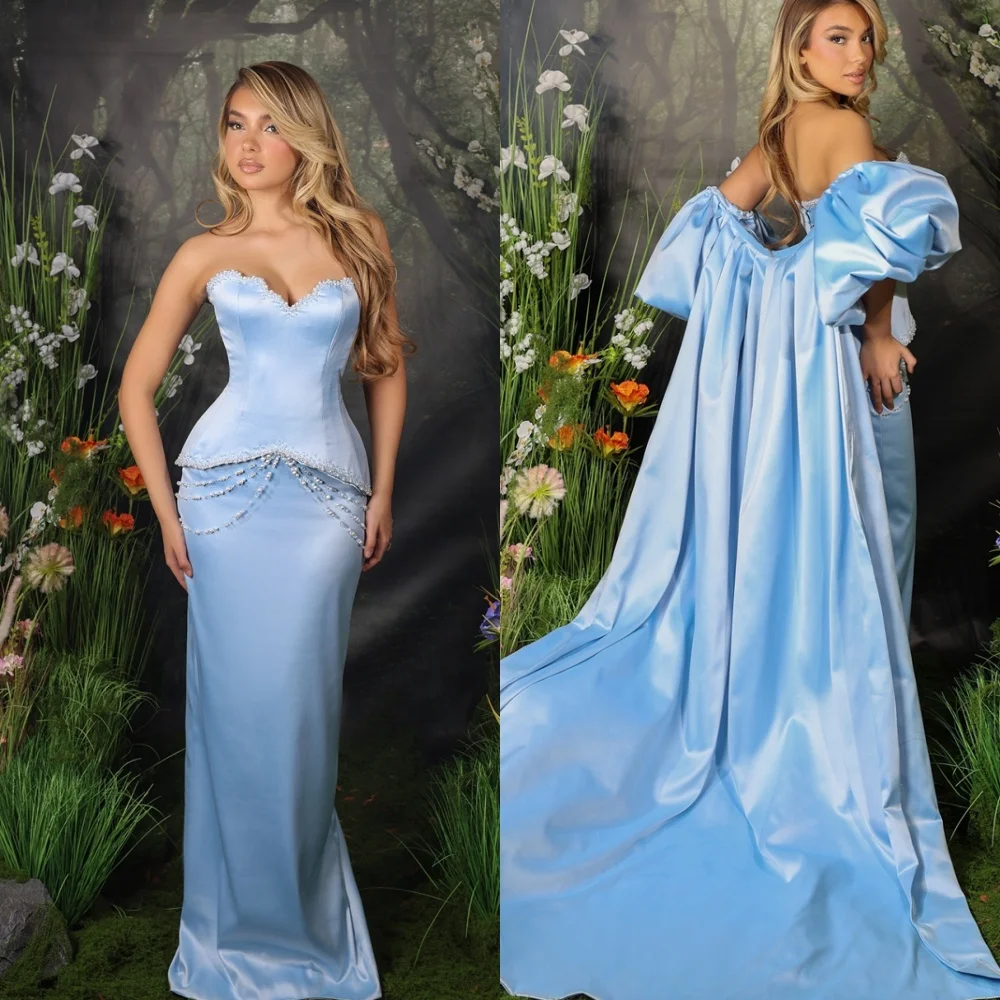 

Customized Classic Blue Satin Evening Dress Graceful Strapless Off the Shoulder Sleeveless Zipper Back Pearls Homecoming Dress