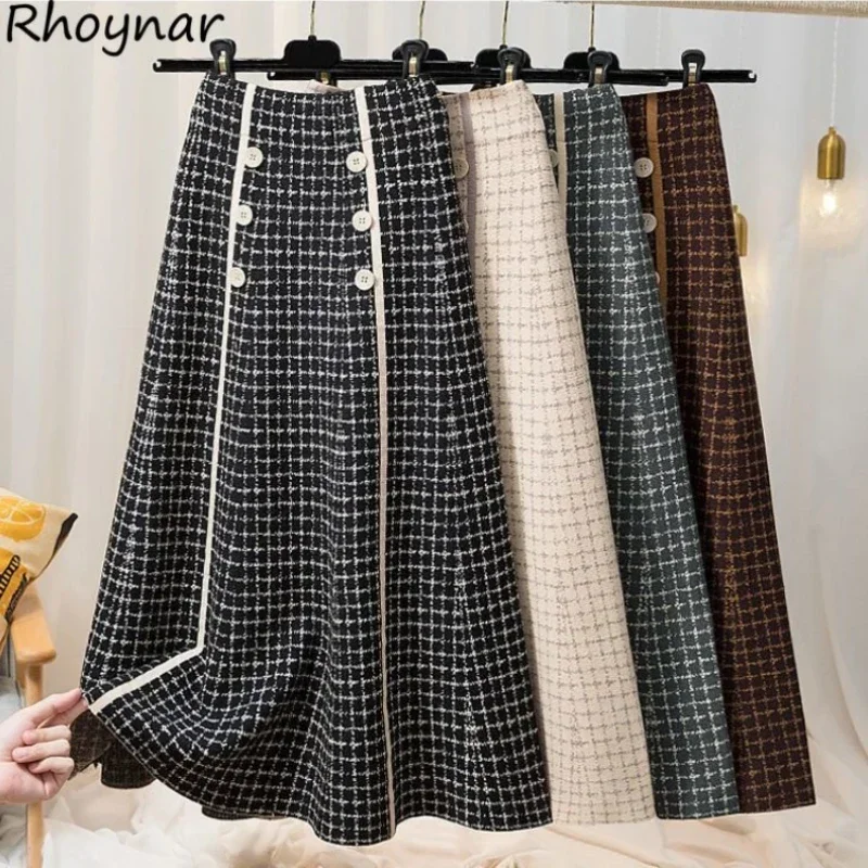 Retro Winter Skirts Women Popular Elegant Plaid Aesthetic Tender Mujer Faldas Simple Slim Lady Mid-calf Hipster Temper Harajuku