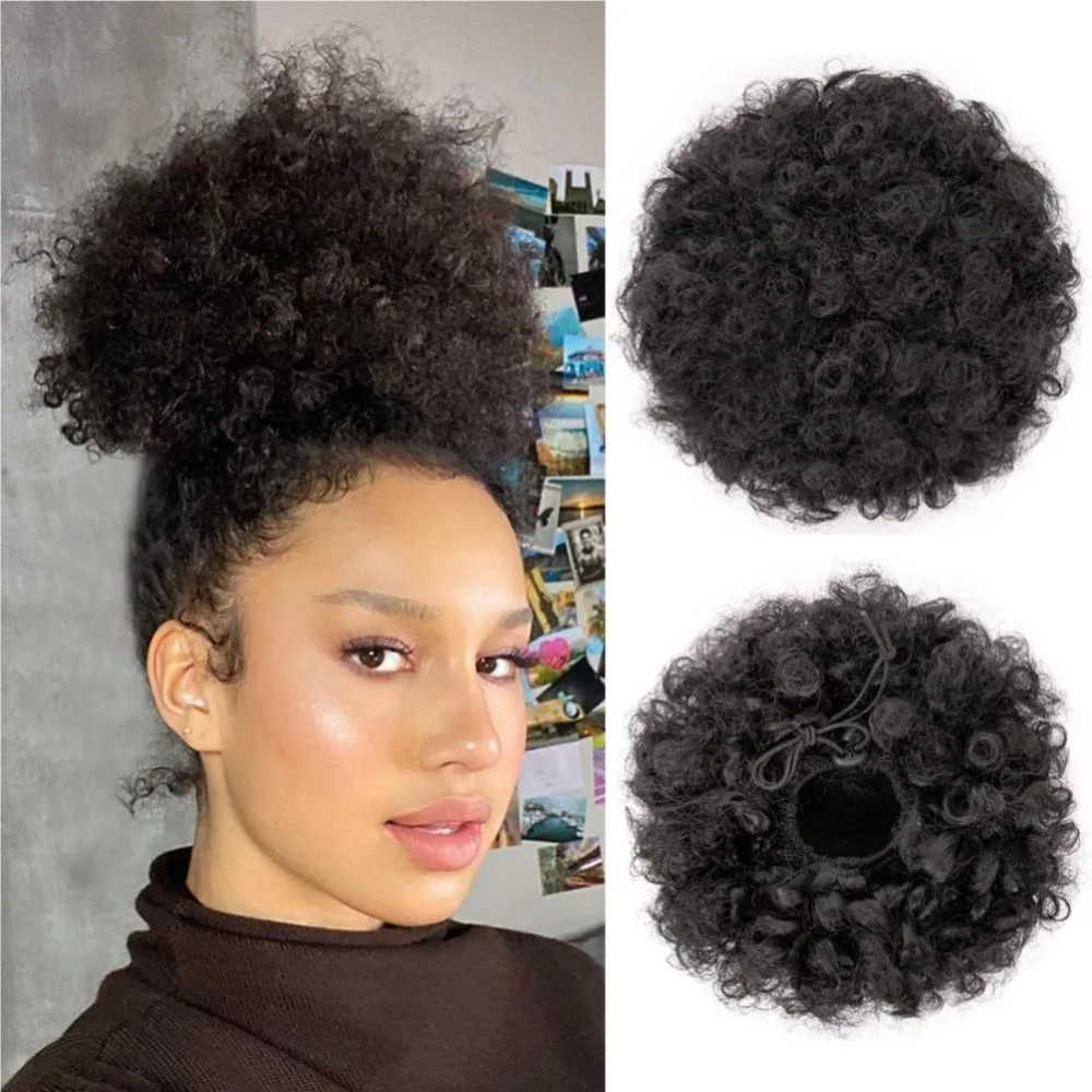 Afro Puff Drawstring Ponytail, Black Curly Afro Bun Extensions Synthetic hair, Short Afro Hairpieces Updo hair for Black Women