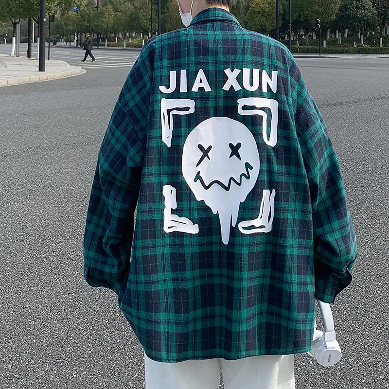 

High Street Print Plaid Shirts Male Teens Fashion All-match Flannel Cardigan 2022 Spring Men Retro Long Sleeve Shirt Hip Hop