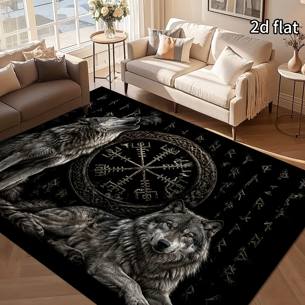 1pc Dark Wolf & Runes Area Rug, Machine Washable, Light & Soft, for Living Room, Bedroom, Dining Room, Study, Entryway