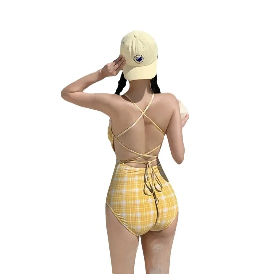 Traje de baño de una pieza adelgazante con espalda descubierta a cuadros de primavera térmica de estilo coreano para mujer diseño de vendaje Sexy nueva gran oferta del mar
