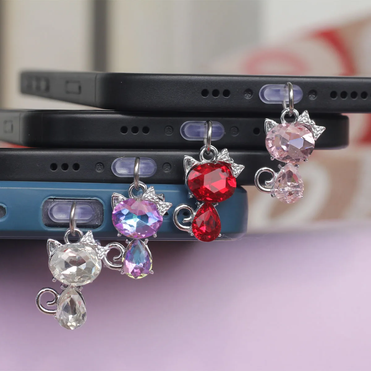 Mobile Phone Dust Plug Artificial Zircon Glass Bow For Cute Cat Pendant Accessories Decoration For Iphone Type-c Port