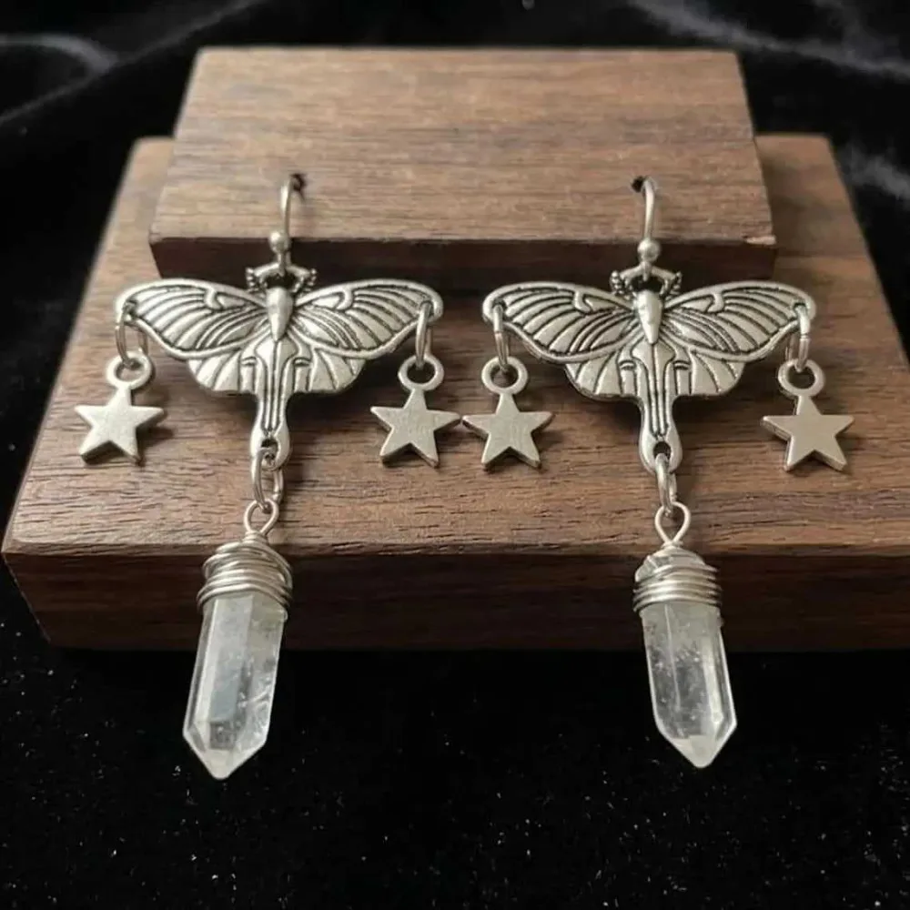 White Crystal Pendant Silver Color Star Tassel Carved Moth Dangle Earrings for Women Gothic Witchcraft Style Aesthetics Jewelry view 6