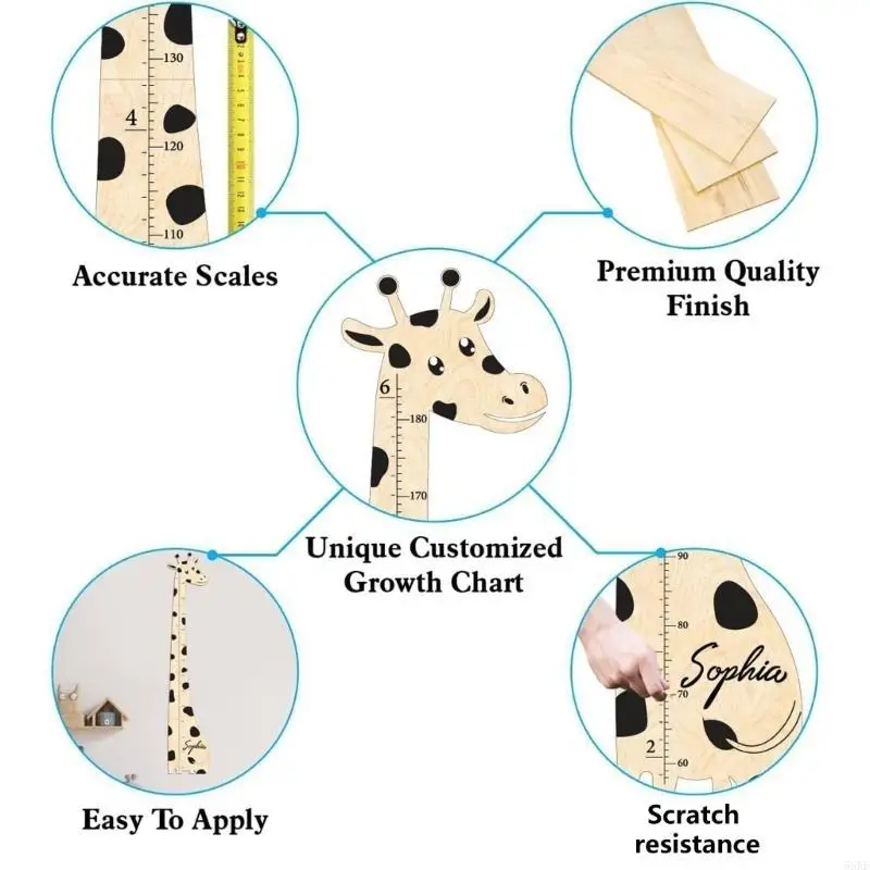 Elegant Wooden Giraffe Growth Chart Kids Height Ruler Nursery Decoration 55KF