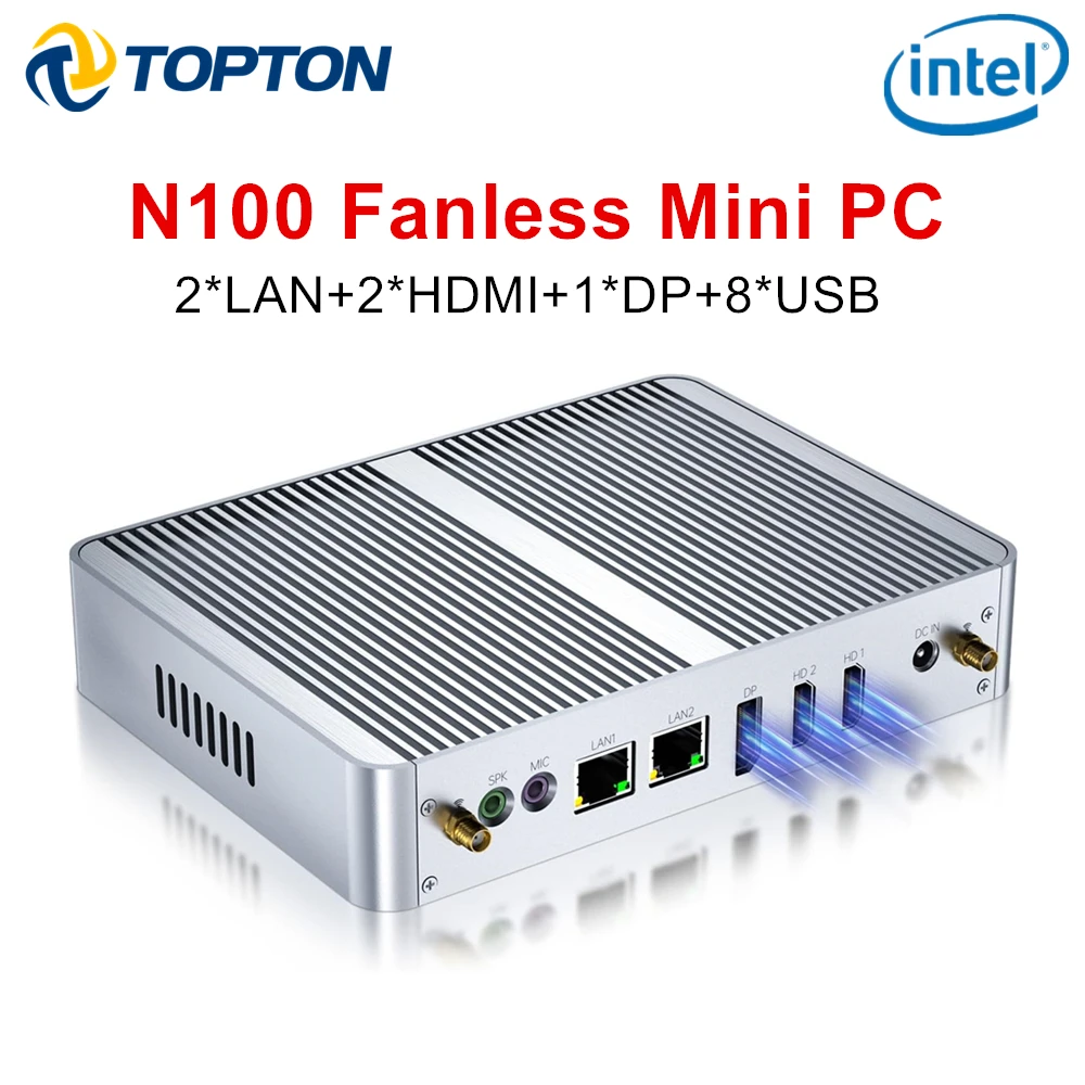 Topton M4 بدون مروحة كمبيوتر صغير Intel N100 N95 Dual LAN 3xStorage 3x4K UHD جدار الحماية NAS مكتب الكمبيوتر الصناعي ويندوز 11 pfSense
