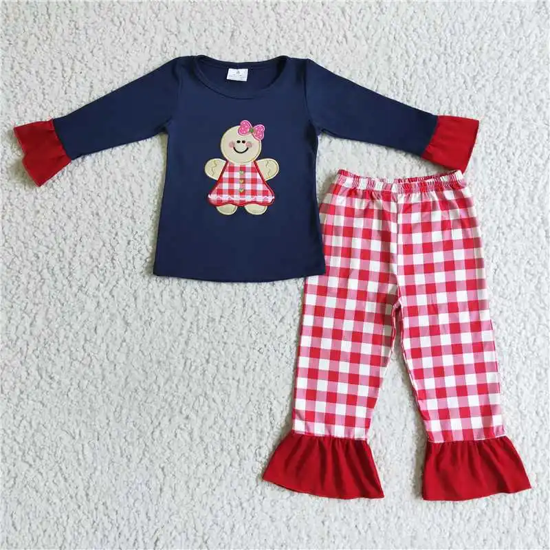 2022 Baby Western Girls Christmas RTS Blue Ginger Man Long Sleeve Shirt Plaid Pants Girls Suits Hot Selling For Children Fashion