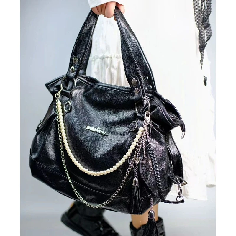 Ichme Y2K Women Tote Bags Fashion Punk Moto Style Chains Tassel Shoulder Bags Beading Large Capacity Multi Pockets Bolso Mujer