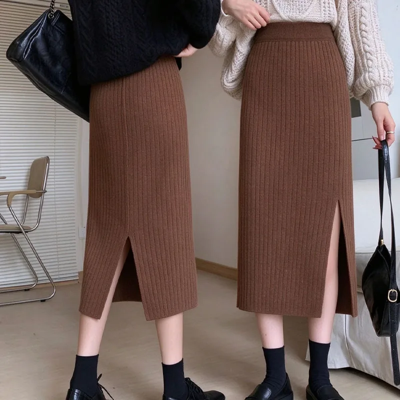 Knit Pencil Skirt Split Hem Thermal Thick Soft Versatile Elegant for Autumn Winter Office Party Home Travel Indoor Outdoor Daily